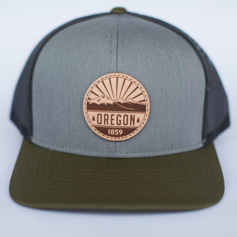 Oregon Cascades Leather Patch | Heather Grey - Moss | Genuine Natural Leather | SnapBack Trucker Cap