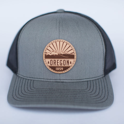 Oregon Cascades Leather Patch | Heather Grey - Charcoal | Genuine Natural Leather | SnapBack Trucker Cap